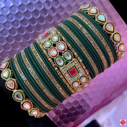 Kundan Metal Bangles Set- Green