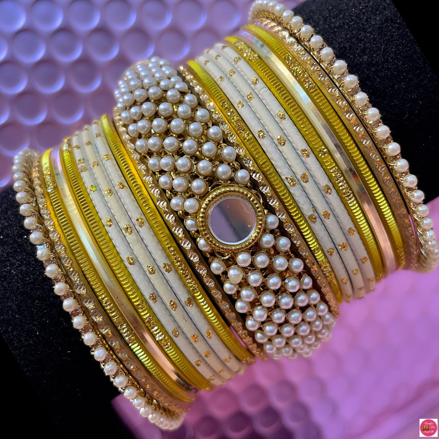 Gold Pearl Metal Bangles Set- Cream/Yellow/Off White