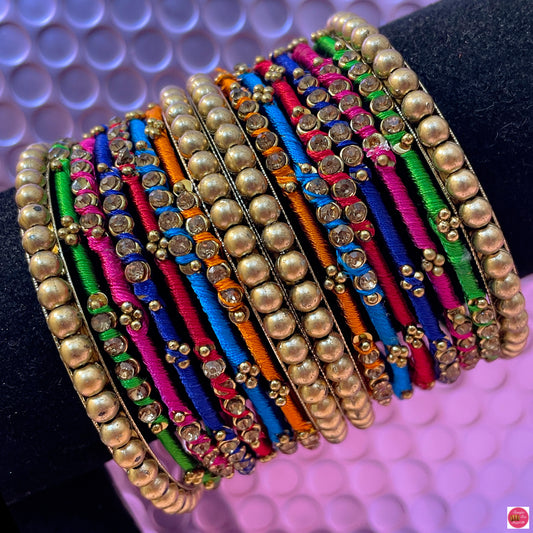 Multicoloured Gold Silk Thread Metal Bangles Set