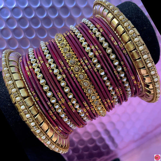 Gold Pearl Metal Bangles Set- Plum Purple