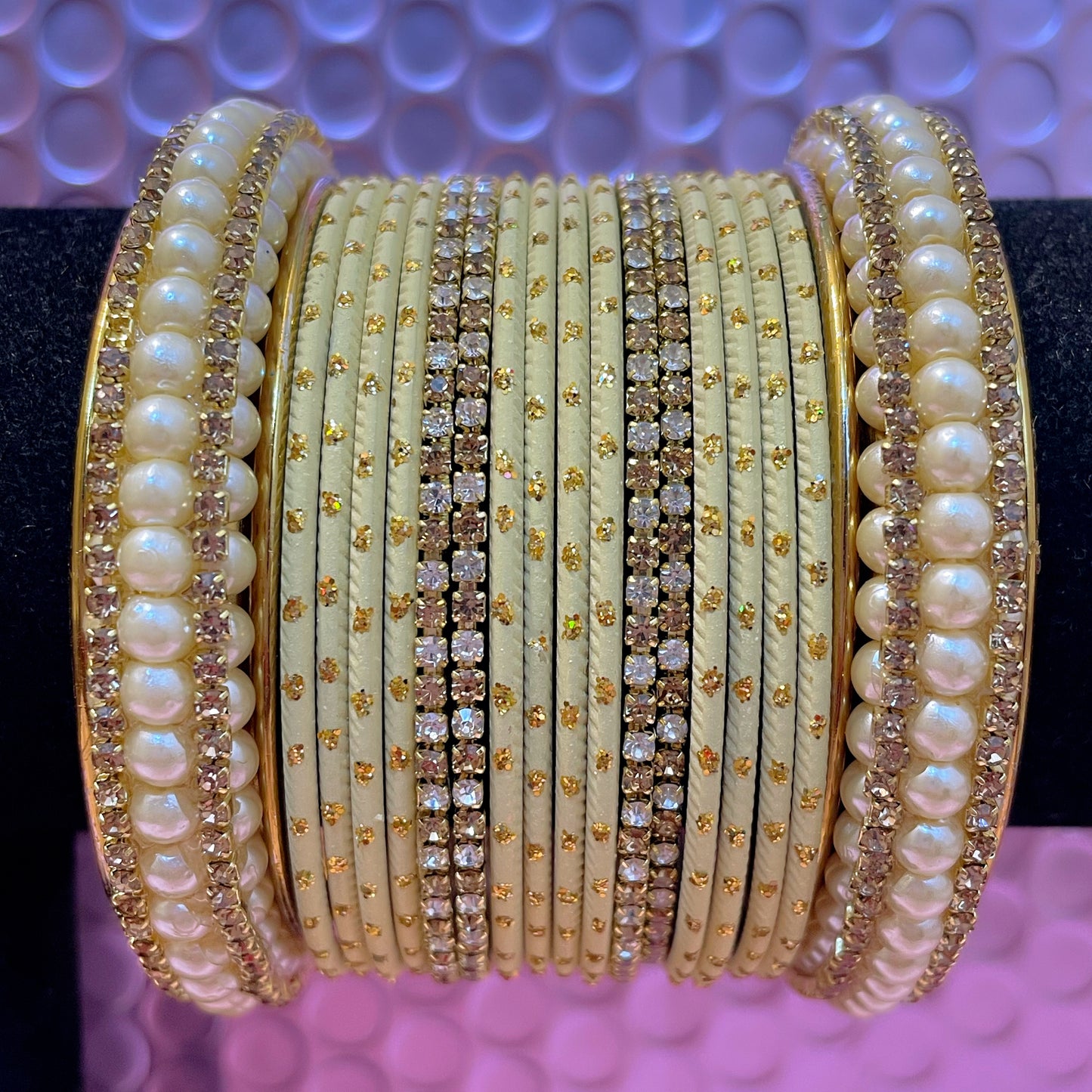 Pearl Zirconia Metal Bangles Sets- Various Colours