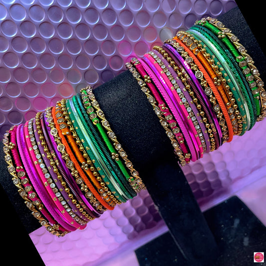 Multicoloured Thread Zirconia Metal Bangles Set