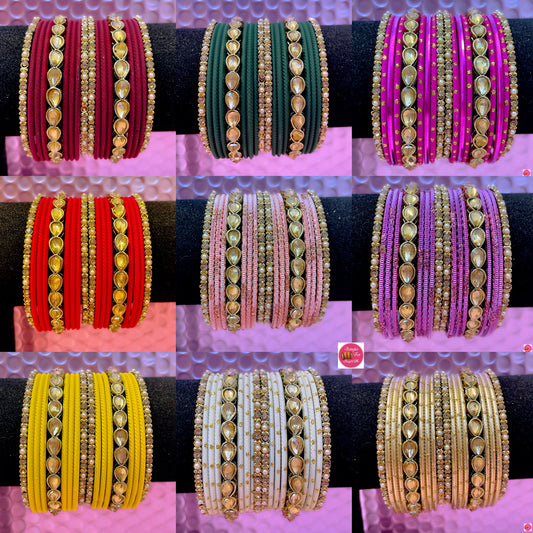 Kundan Stone Metal Bangles Set- Various Colours