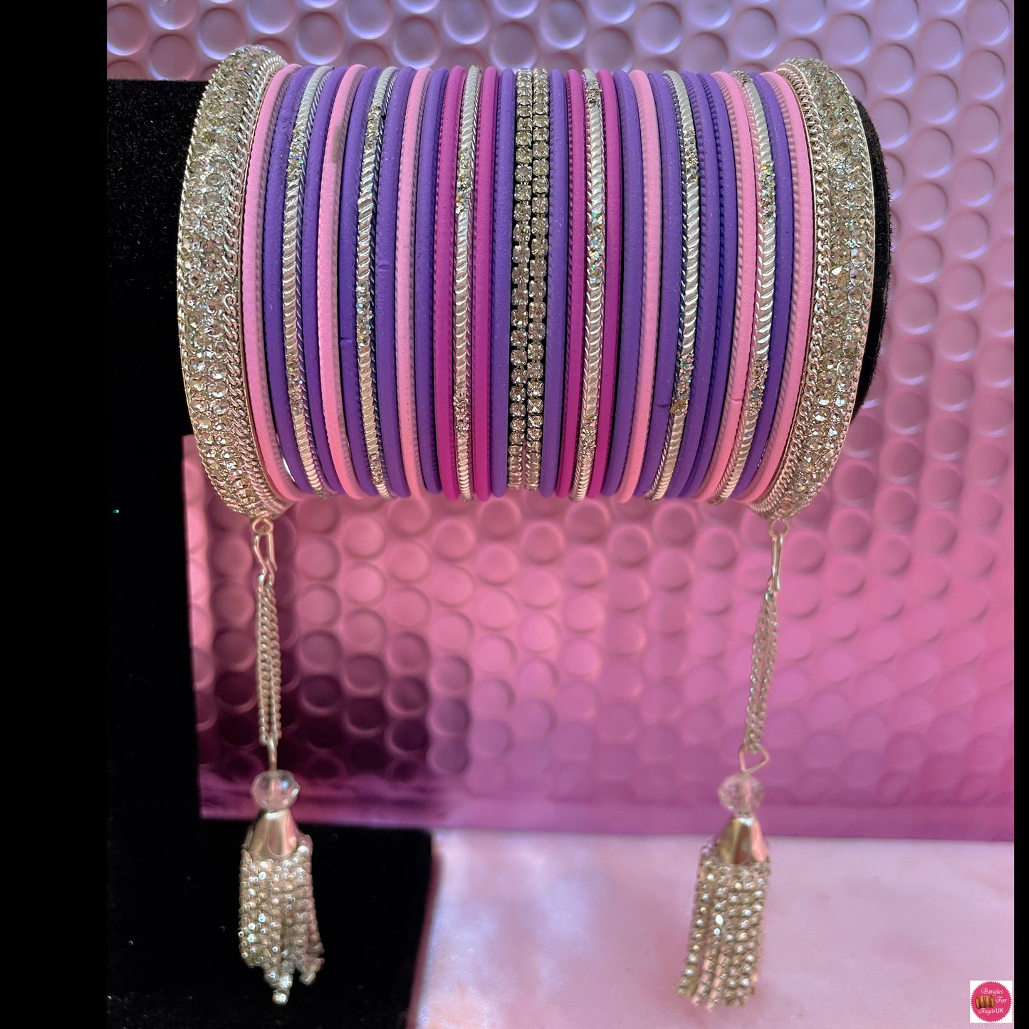 Silver Zirconia Hanging Metal Bangles Set- Lilac/Lavender