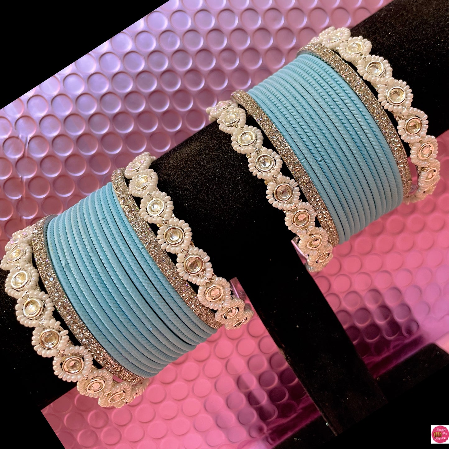 Silver Pearl Metal Bangles Set- Light/Baby Blue