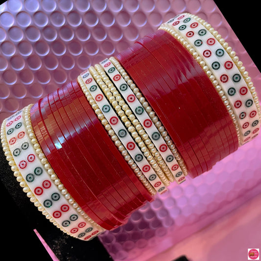 Pearl Bridal Punjabi Chura Bangles Set- Red