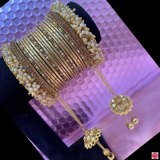 Gold Pearl Hanging Metal Bangles Set