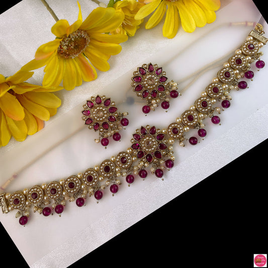 Kundan Pearl Choker &Earings Set- Plum