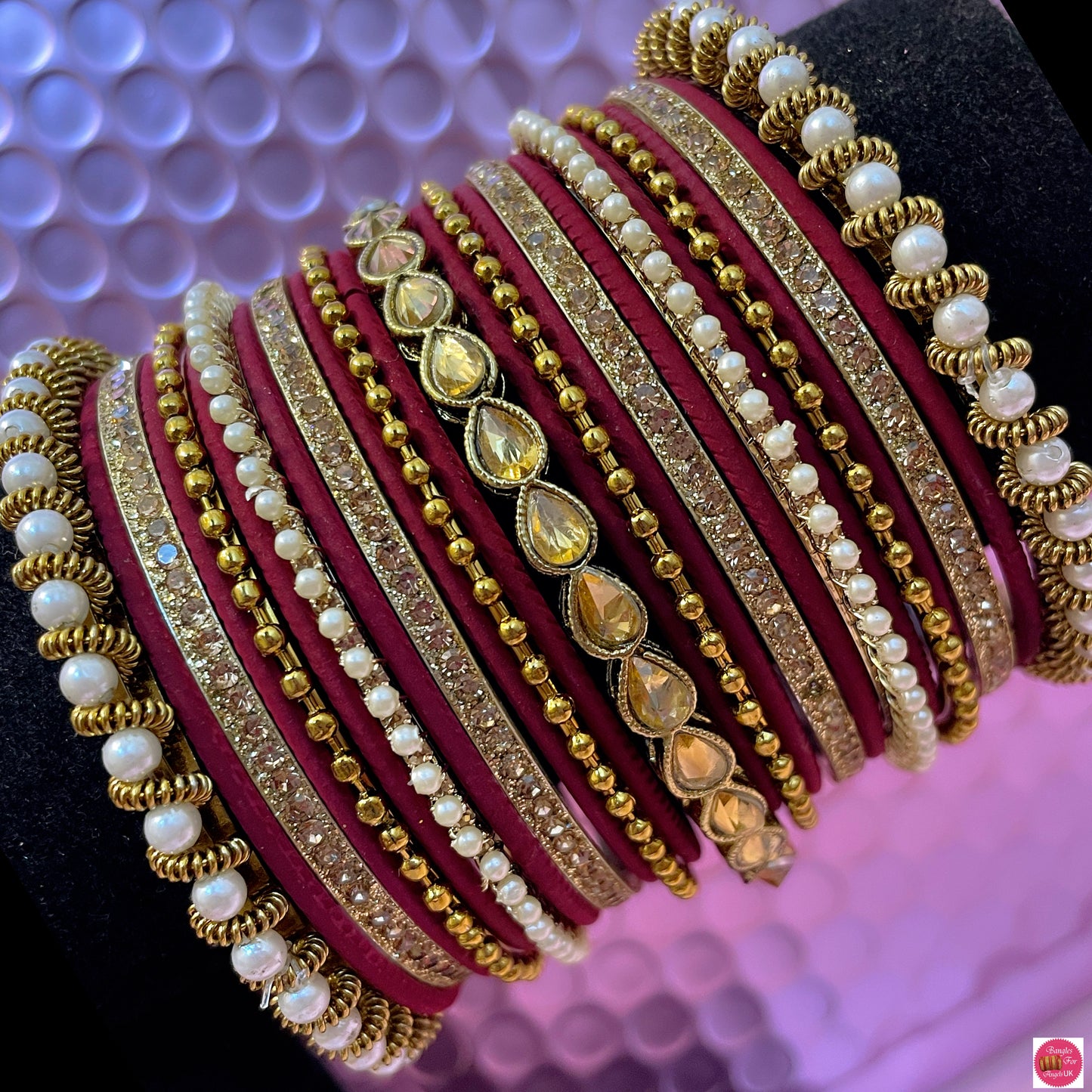 Kundan Pearl Metal Bangles Set- Maroon