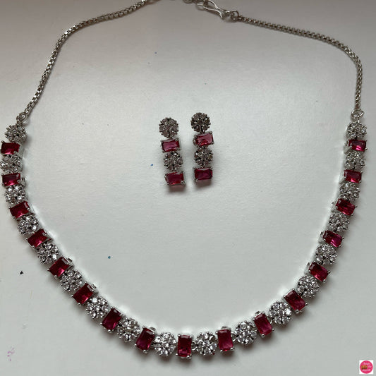 Pinkish Red American Diamond Necklace & Earings Set