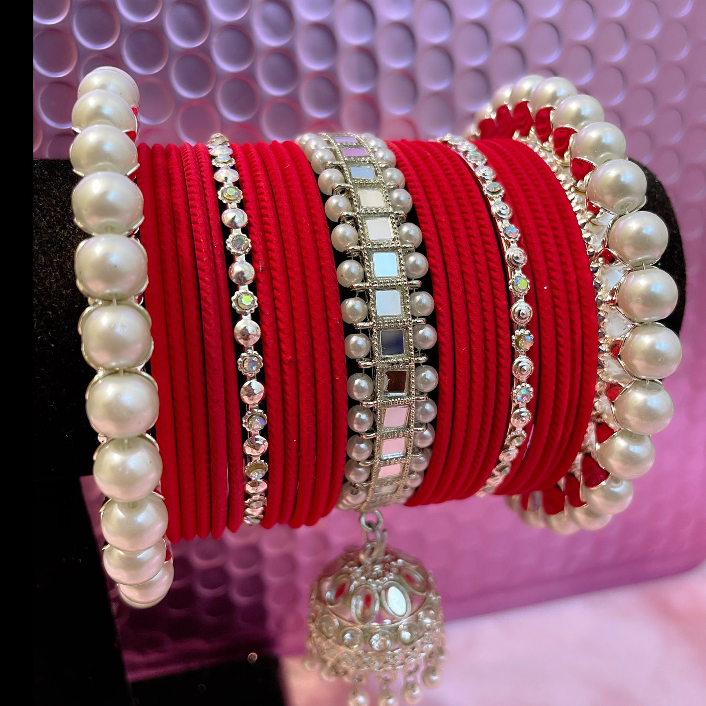 Silver Pearl Hanging Metal Bangles Set- Red