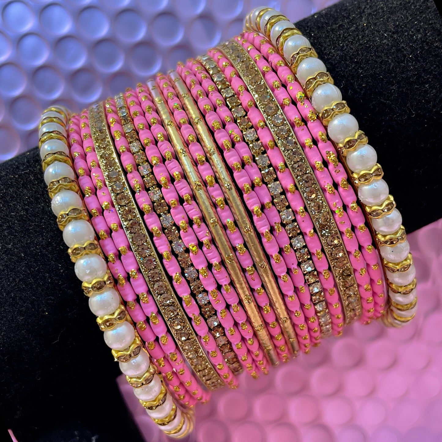 Pearl Zirconia Metal Bangles Set- Various Colours