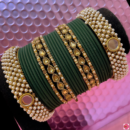 Kundan Pearl Metal Bangles Set- Green