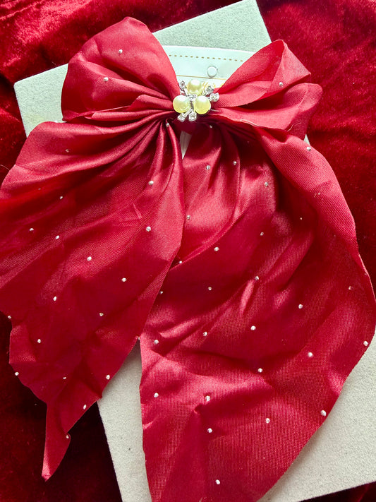 Hair Clip Pearl Bow- Deep Red