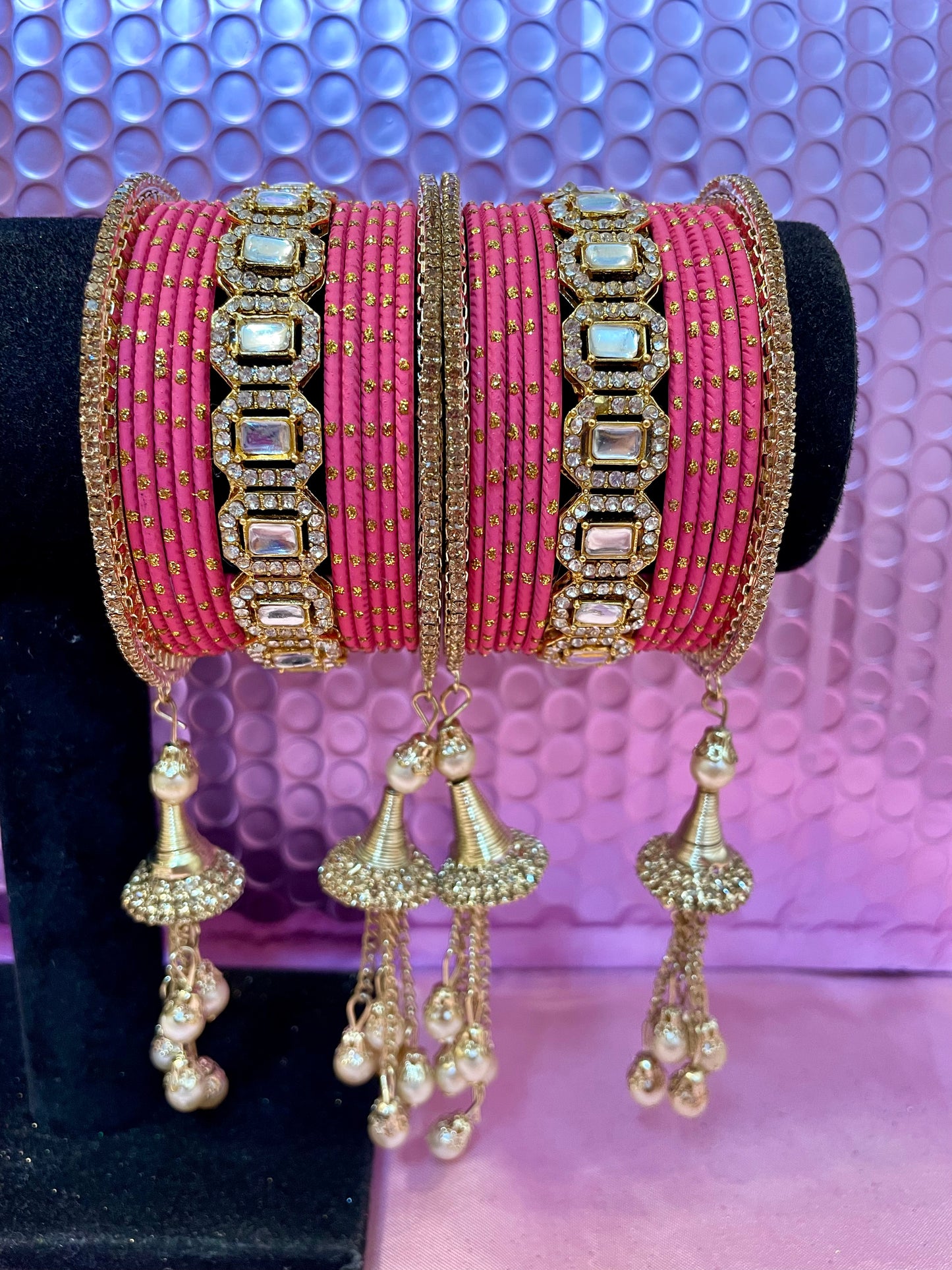 Gold Zirconia Hanging Metal Bangles Set- Peachy Pink