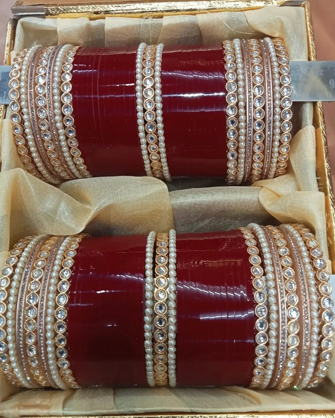 Mirror Pearl Bridal Punjabi Chura Bangles Set- Maroon