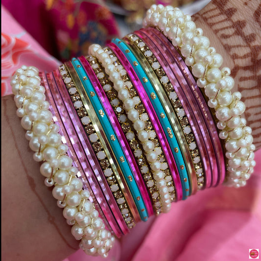 Multicoloured Pearl Metal Bangles Set- Pinks