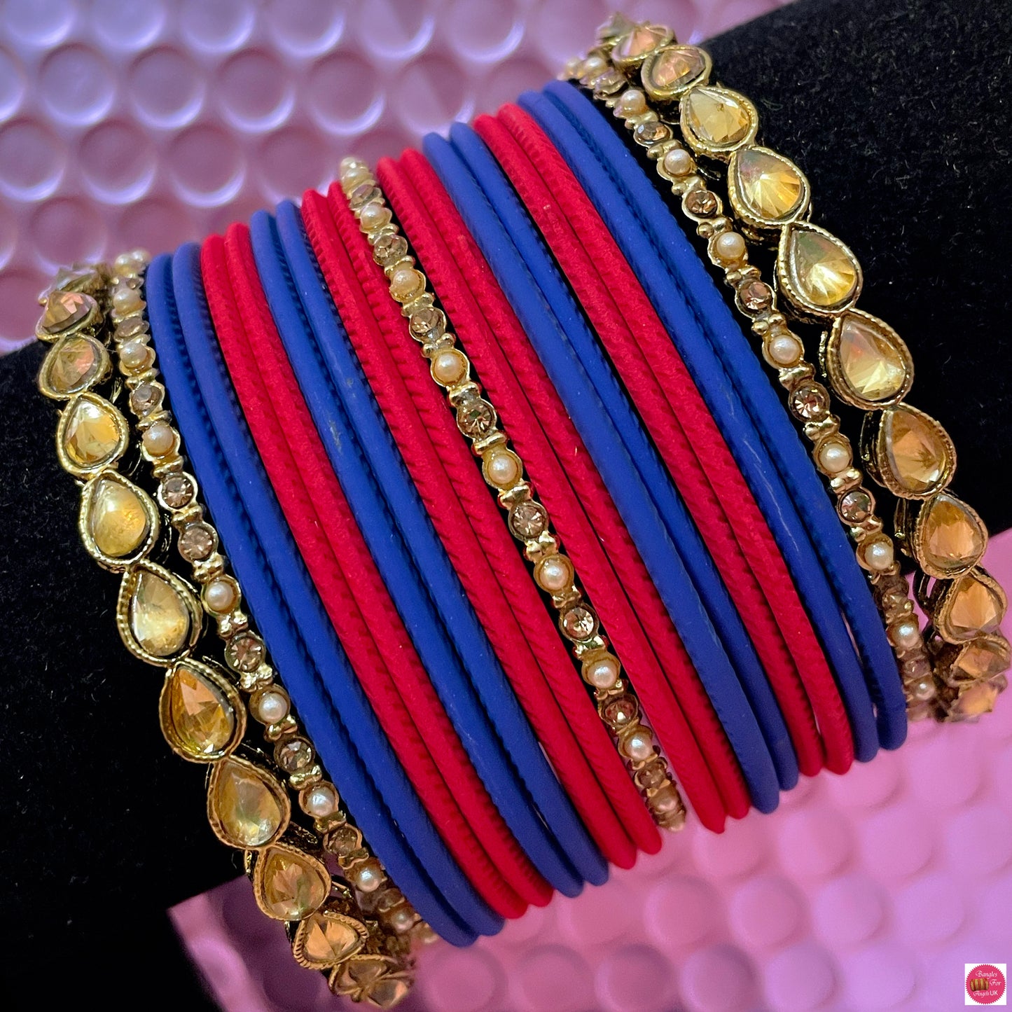 Kundan Metal Bangles Set- Red/Blue