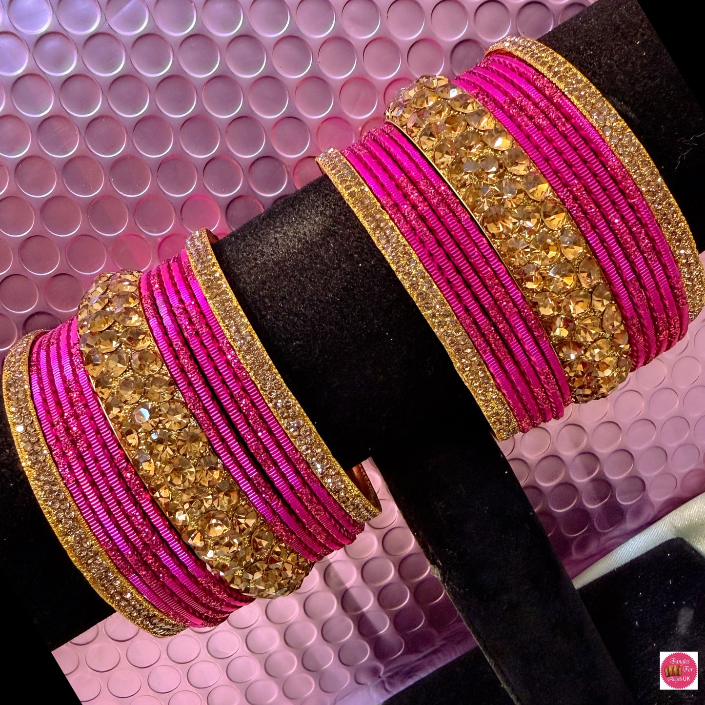 Gold Stone Metal Bangles Set- Hot Pink