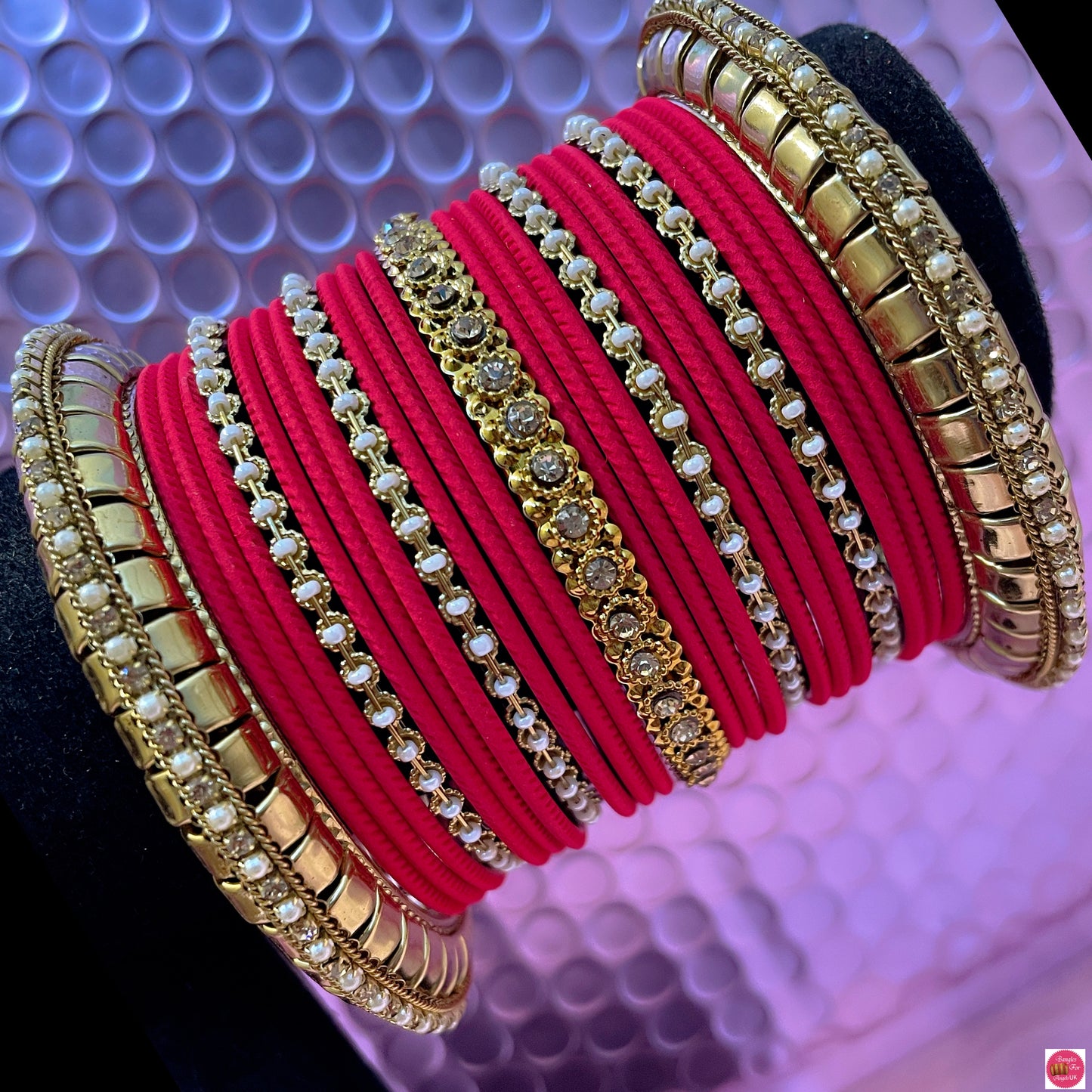 Gold Pearl Metal Bangles Set- Red