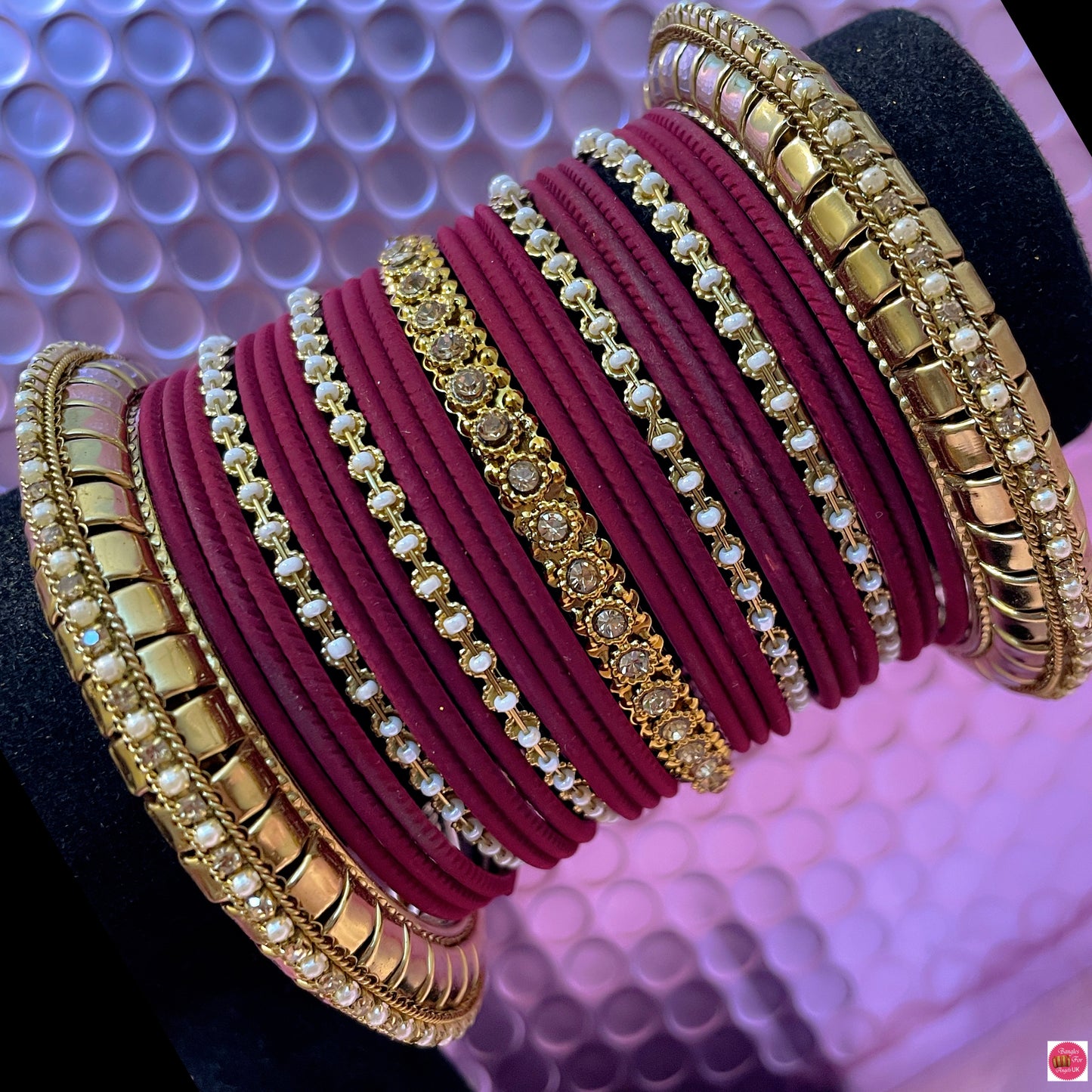 Gold Pearl Metal Bangles Set- Maroon