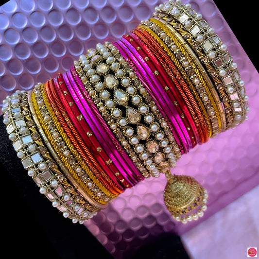 Multicoloured Kundan Pearl Hanging Metal Bangles Set