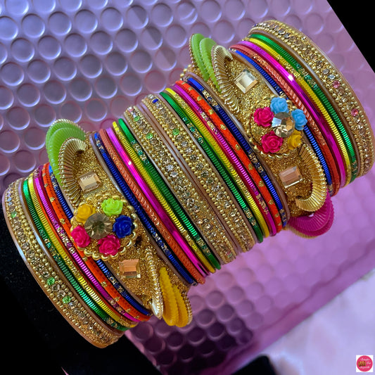 Multicoloured Flower Mehendi Metal Bangles Set