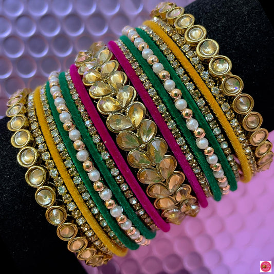 Multicoloured Kundan Pearl Zirconia Metal Bangles Set