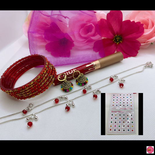 Anklet, Sindoor, Earings , Bindi & Glass Bangles Combo