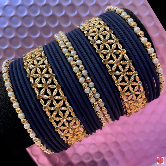 Gold Pearl Metal Bangles Set- Navy Blue