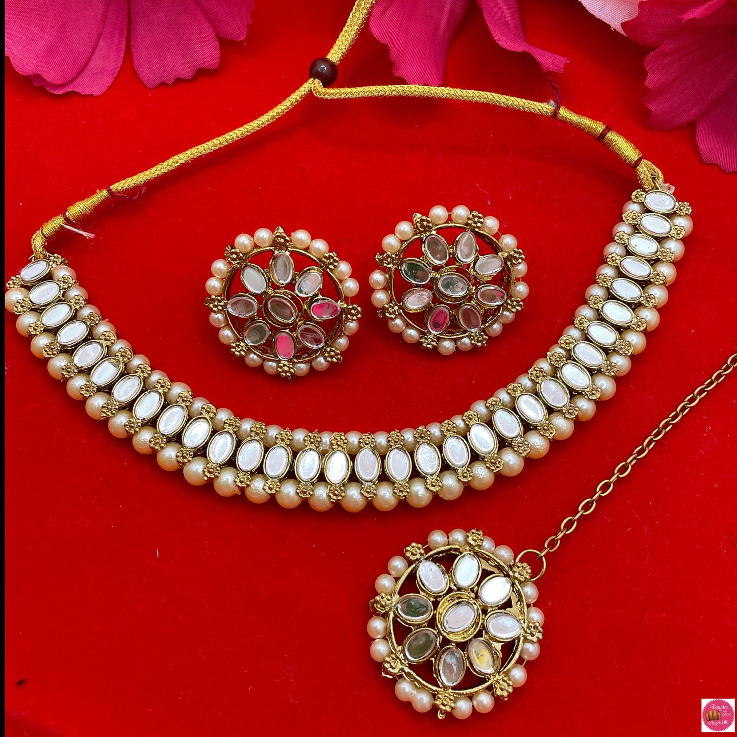 White Pearl Mirror Necklace/Choker Earings & Maang Tikka Set