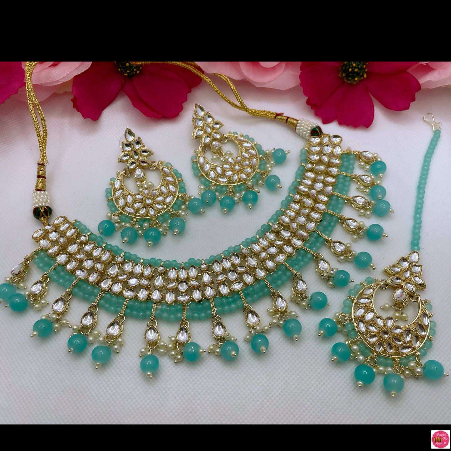 Kundan Necklace, Earrings & Maang Tikka Set- Firozi/Aqua Blue