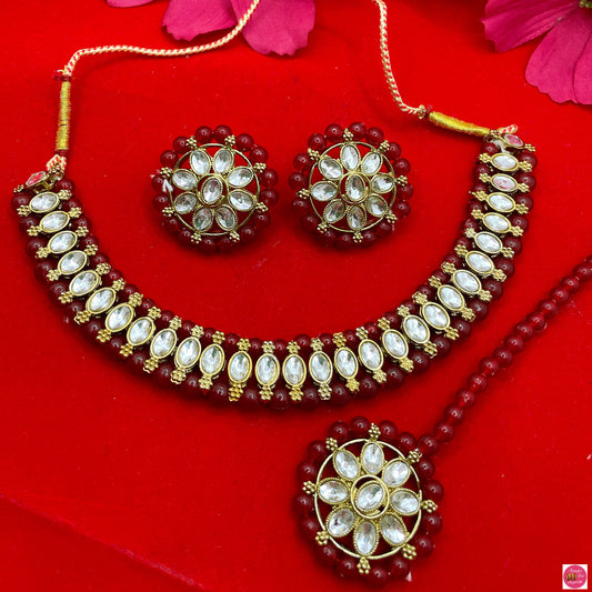 Mirror Maroon Necklace/Choker, Earings & Maang Tikka Set