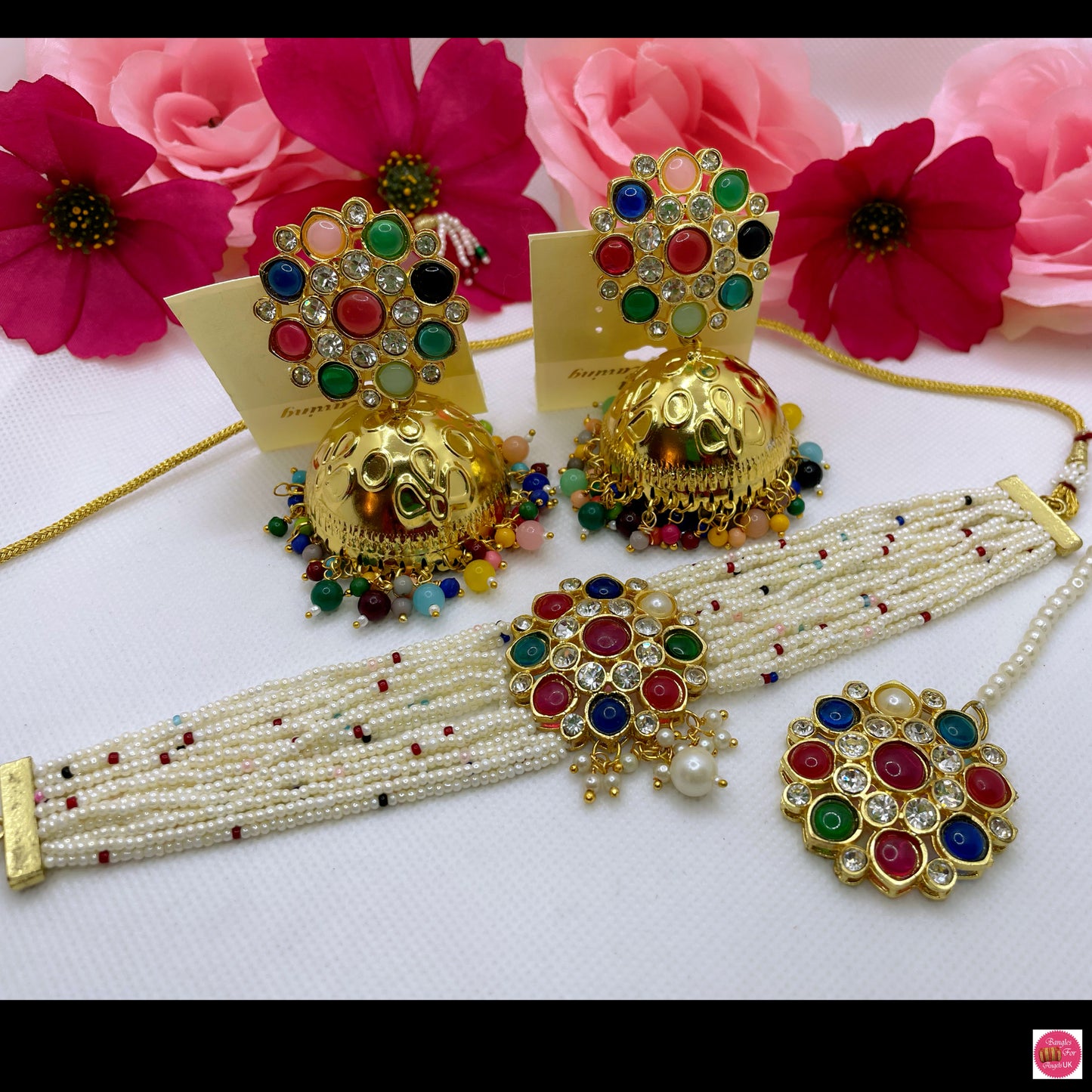 Kundan Navratan Pearl Choker, Earings & Maang Tikka Set