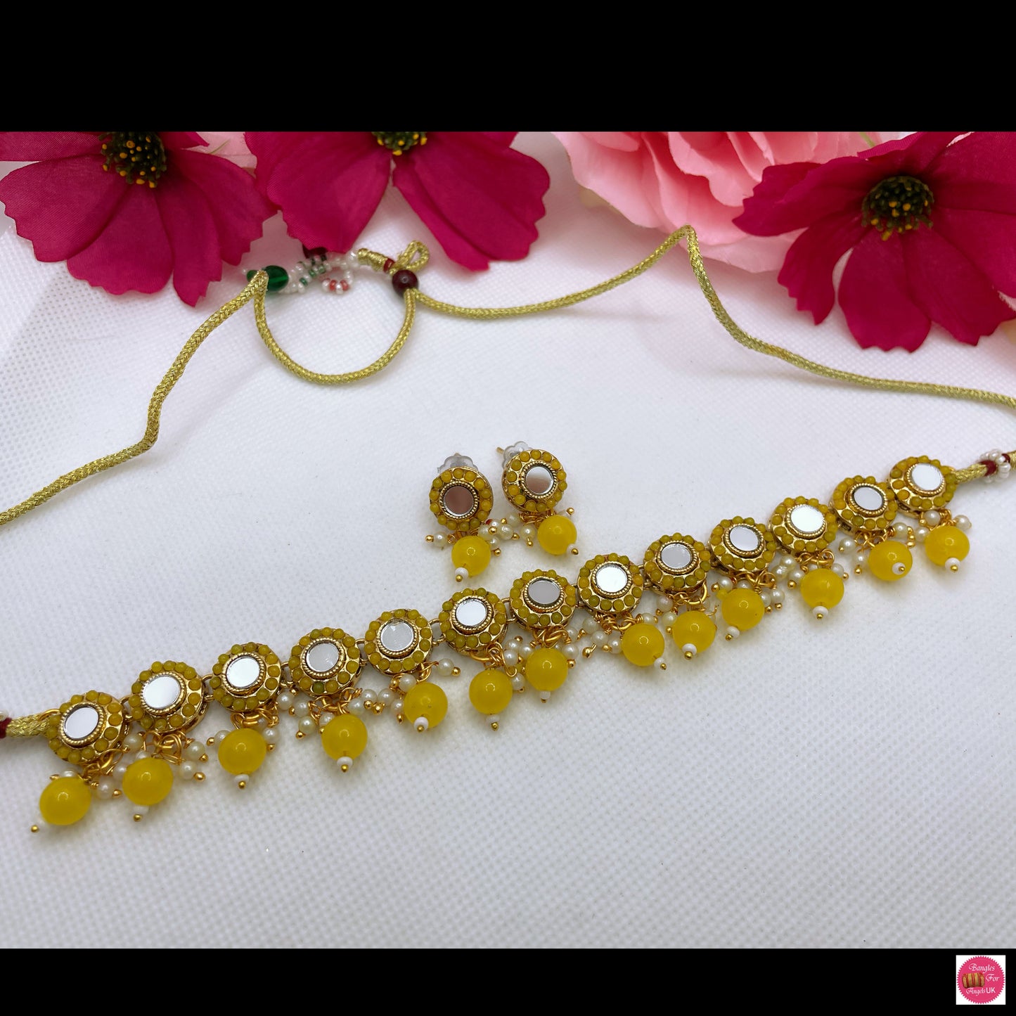 Pearl Mirror Choker & Earings Set- Yellow