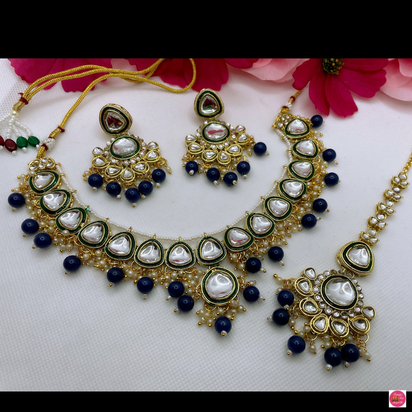 Kundan Pearl Necklace, Earings & Maang Tikka Set- Navy Blue