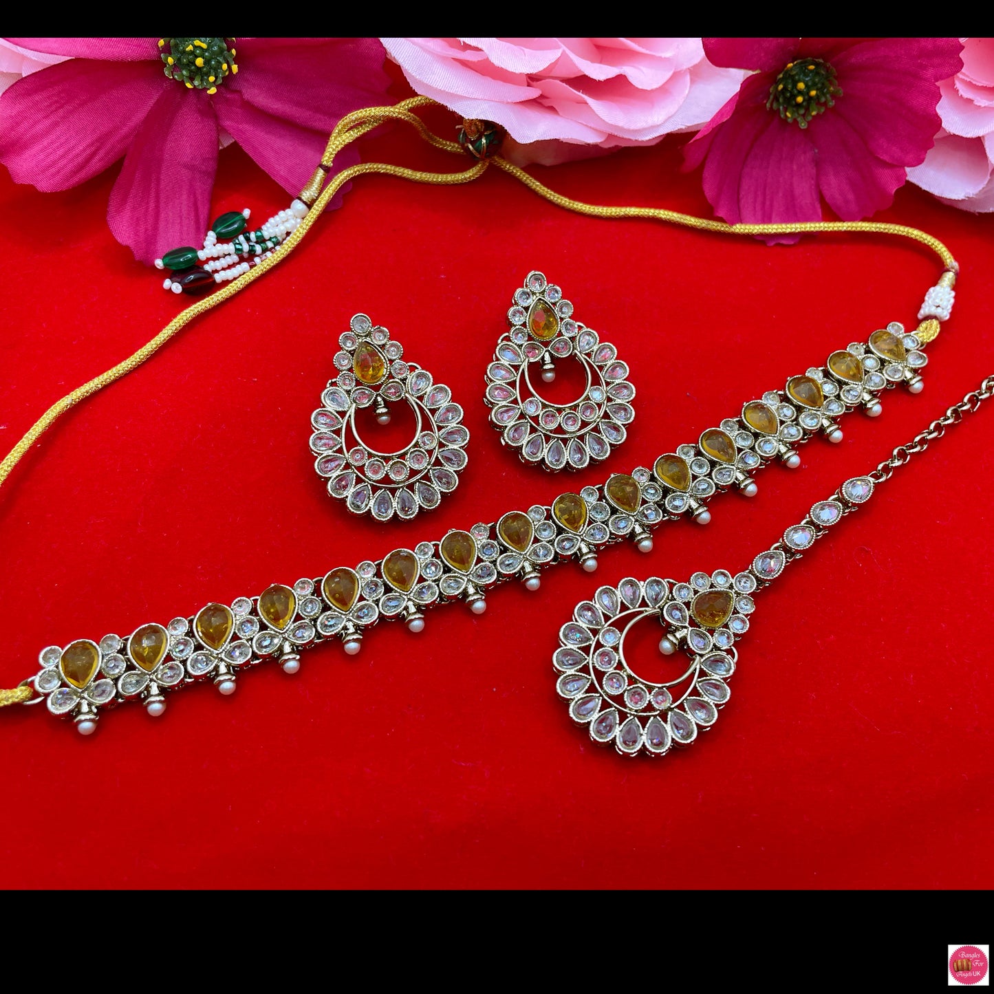 Silver Kundan Choker, Earings & Maang Tikka Set- Yellow