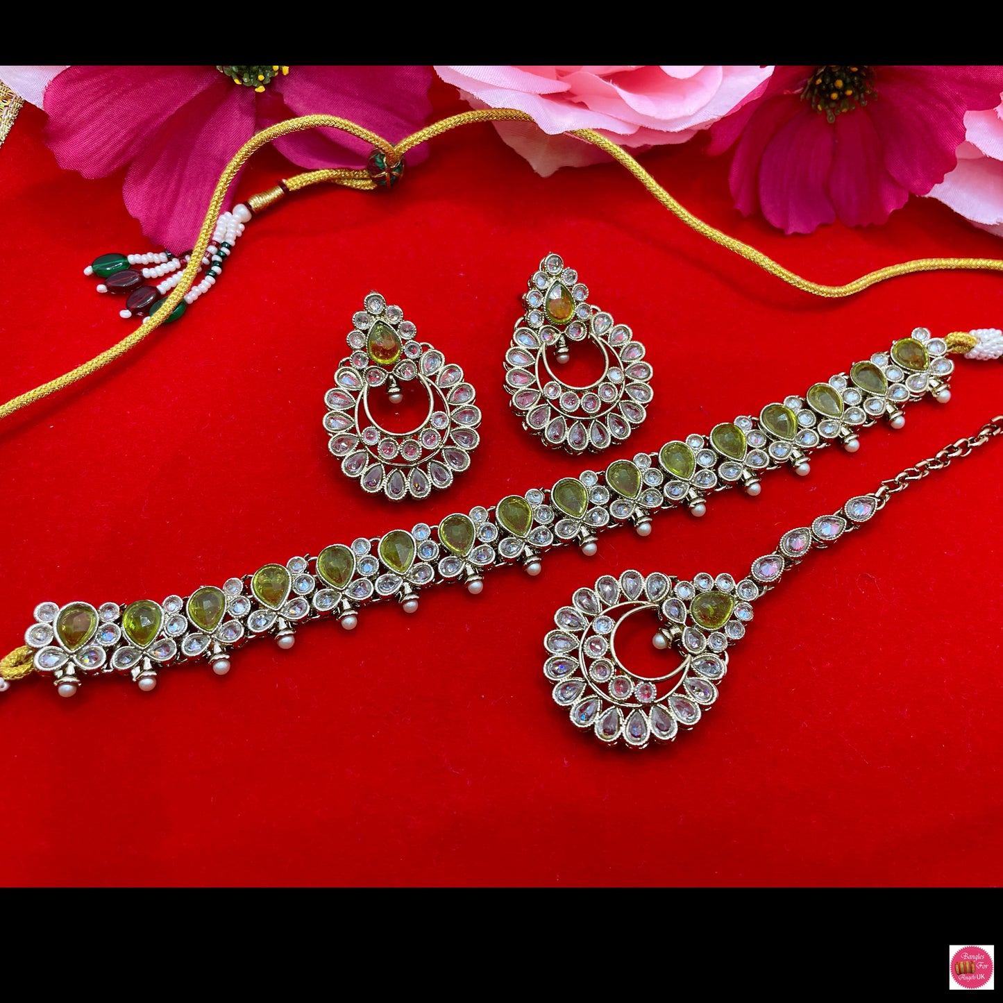 Silver Kundan Choker, Earings & Maang Tikka Set- Olive/Mehendi Green