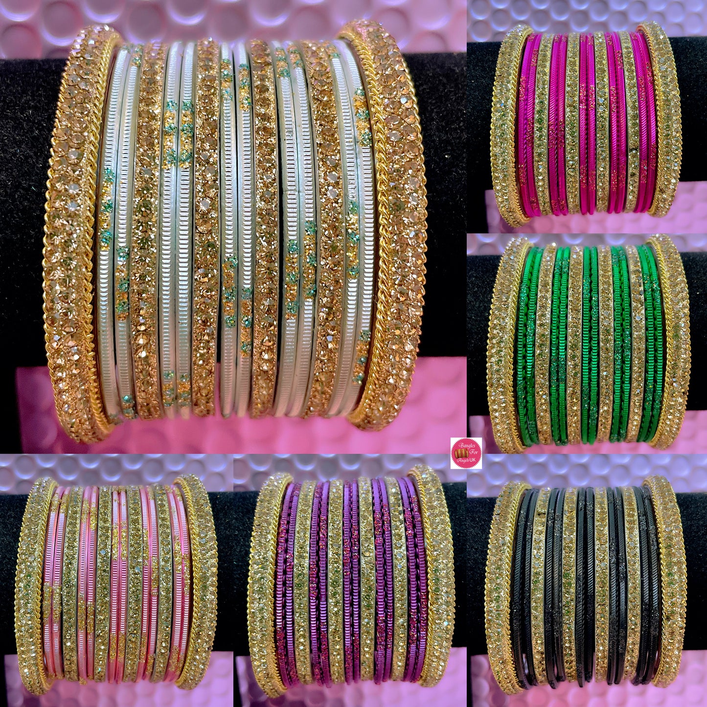 Gold Zirconia Metal Bangles Set- Various Colours