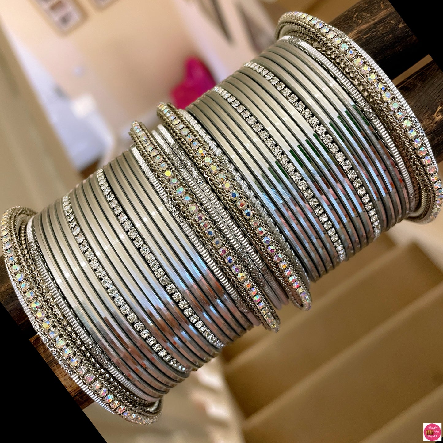 Silver Zirconia Metal Bangles Sets- Various Colours