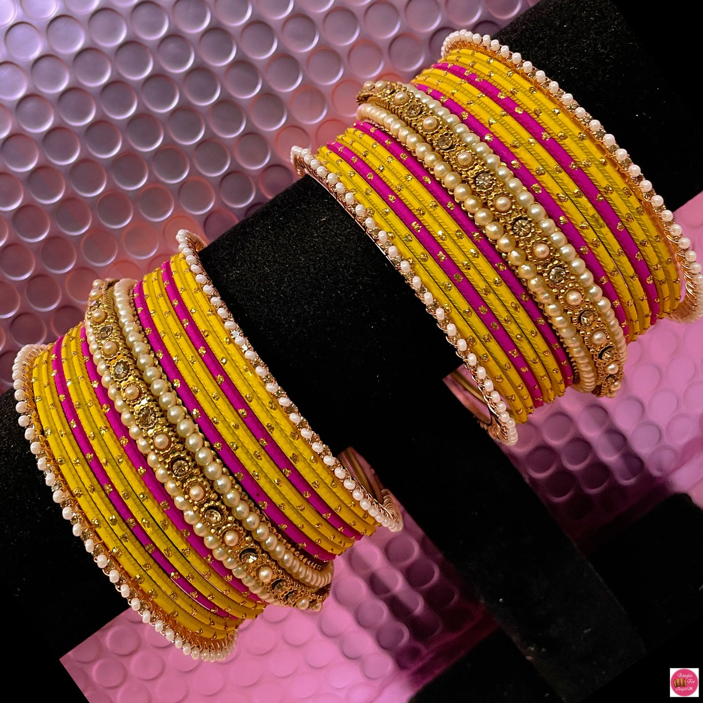 Pearl Metal Bangles Set Yellow/Pink- Size 2.10