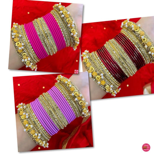 Gold Pearl Metal Bangles Sets- Various Colours