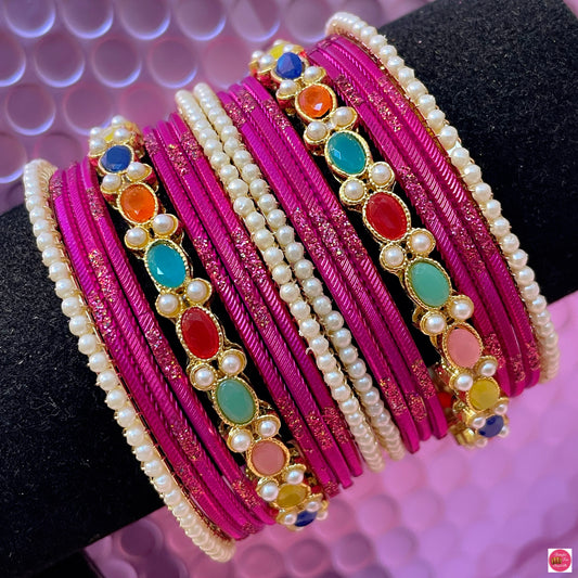 Kundan Pearl Metal Bangles Set- Magenta/Cerise Pink