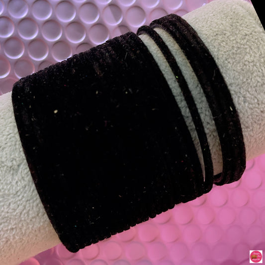 Kids Plain Black Velvet Metal Bangles Set