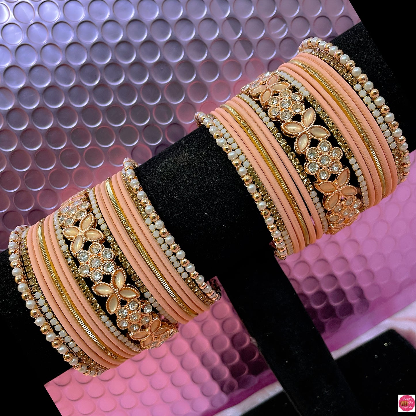 Pearl Zirconia Peach Flower Metal Bangles Set