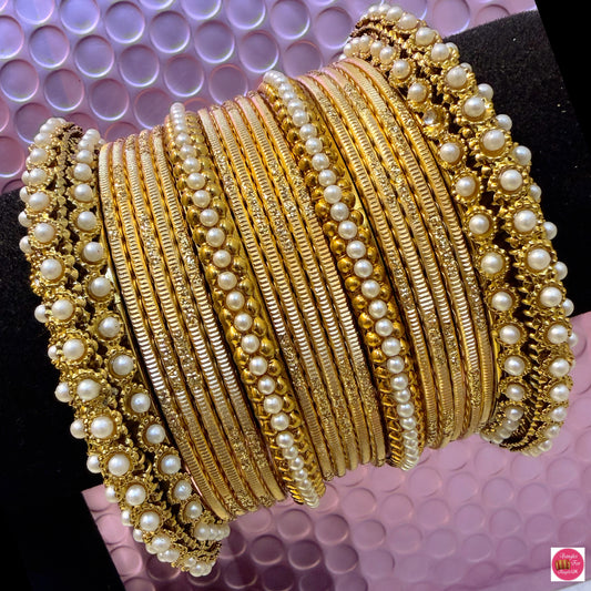 Gold Pearl Metal Bangles Set