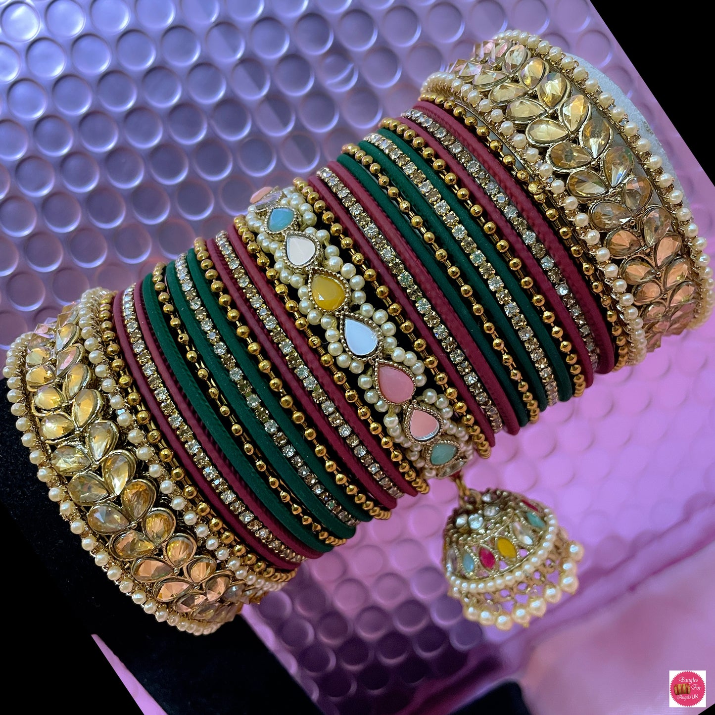 Kundan Pearl Hanging Metal Bangles Set- Maroon/Green