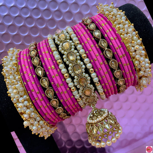 Kundan Pearl Metal Bangles Set- Pinks