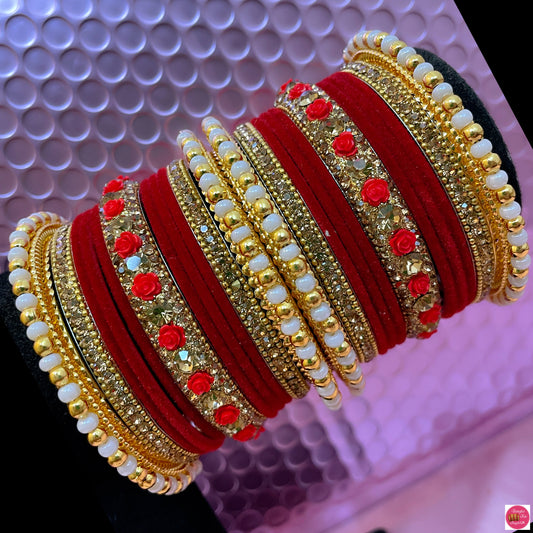 Pearl Flower Metal Bangles Set- Red & Gold