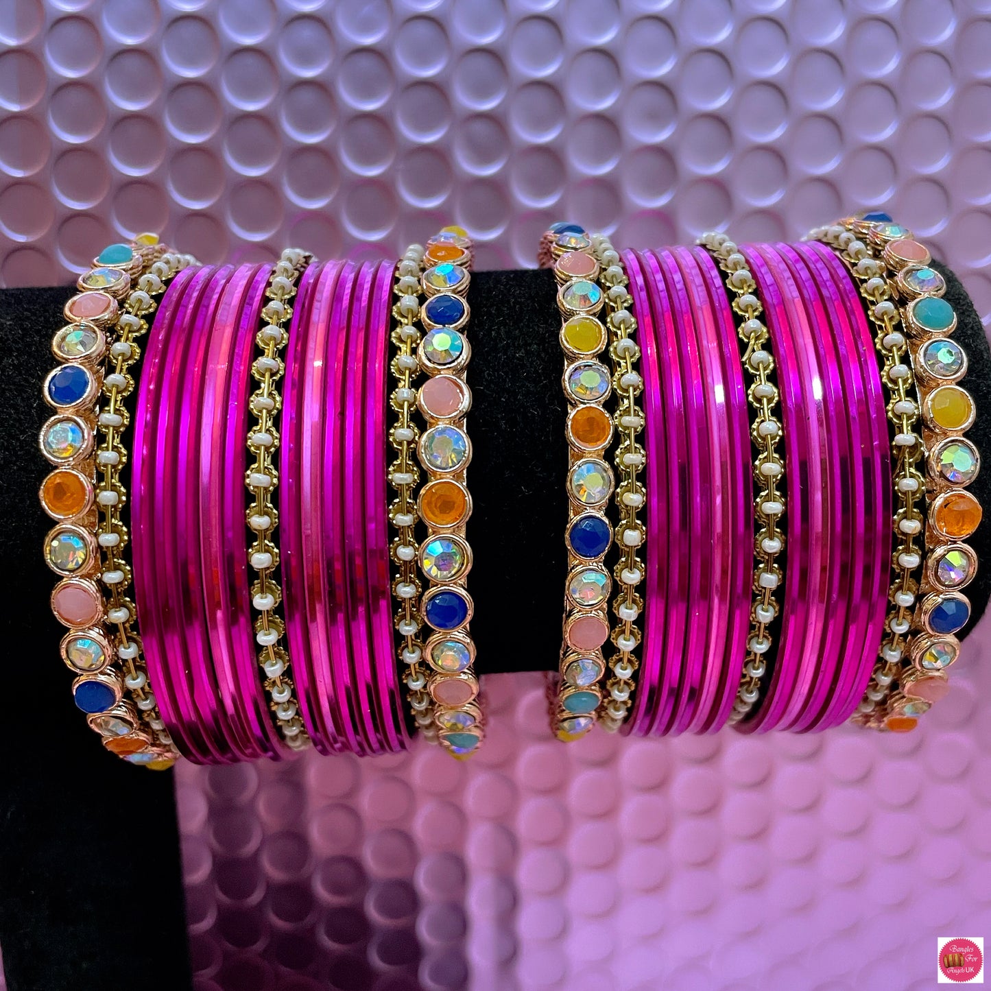 Pearl Diamante Metal Bangles Set- Raani/Dark Pink